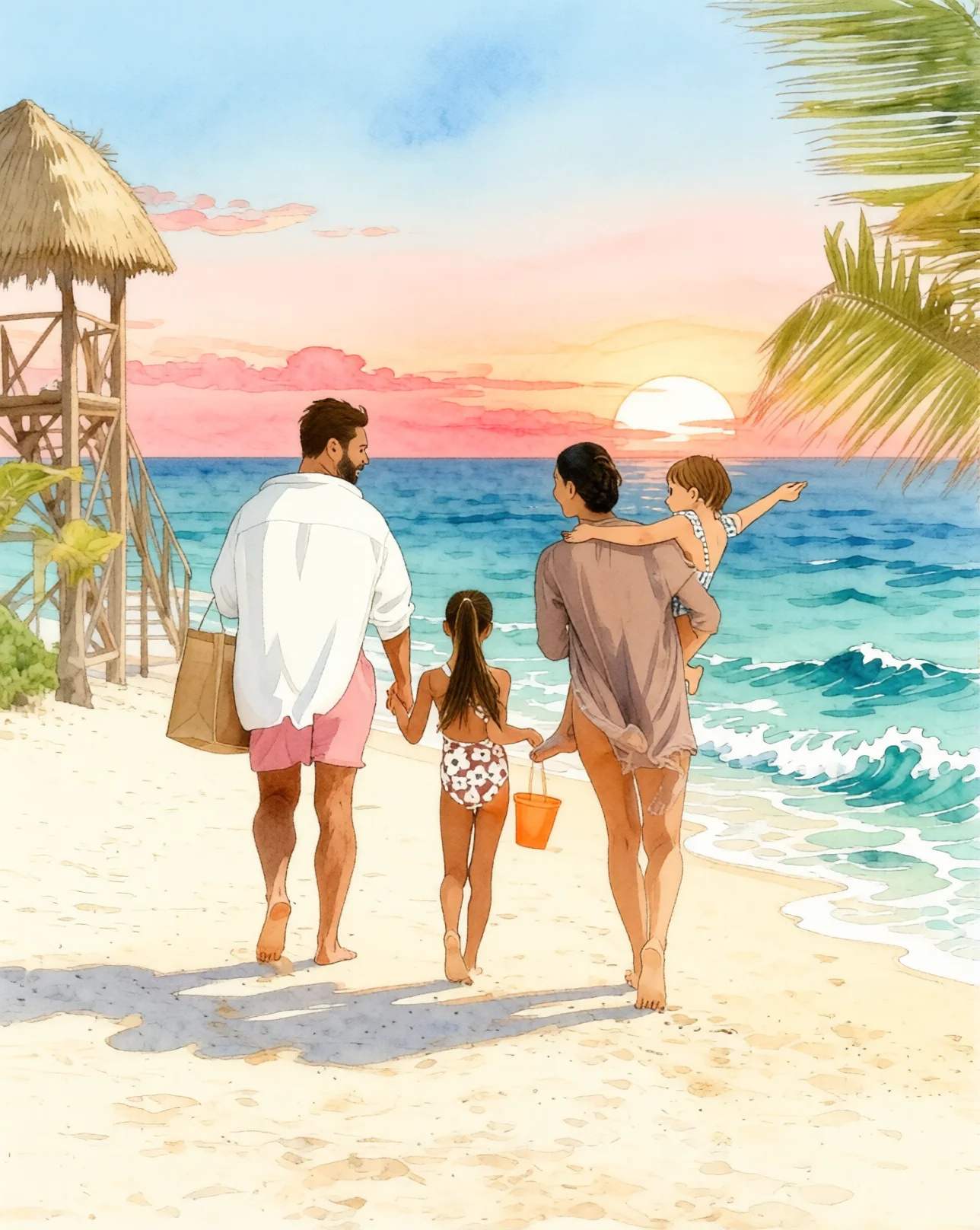 The same beach scene redrawn in a soft hand-drawn animation style with a pink sunset sky — the same four people, the tower still on the left and the palm still overhanging the right