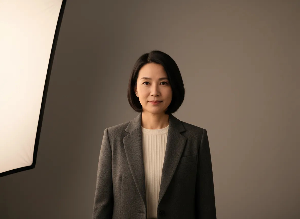 Studio portrait of a woman in a charcoal wool blazer over a cream knit, standing square to the camera with her arms at her sides, a softbox at the left edge of frame and a warm grey backdrop behind her