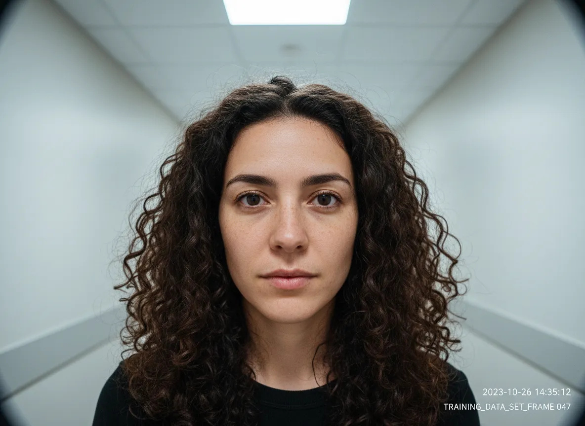 A training-set frame — a woman with dark curly hair looking straight into the lens under corridor strip-lighting, the frame stamped as training data