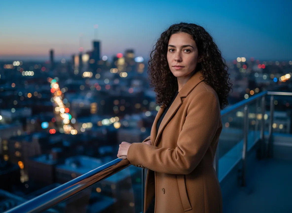 The same woman after training — on a rooftop at blue hour in a camel coat, city lights out of focus behind her, a scene that was never photographed
