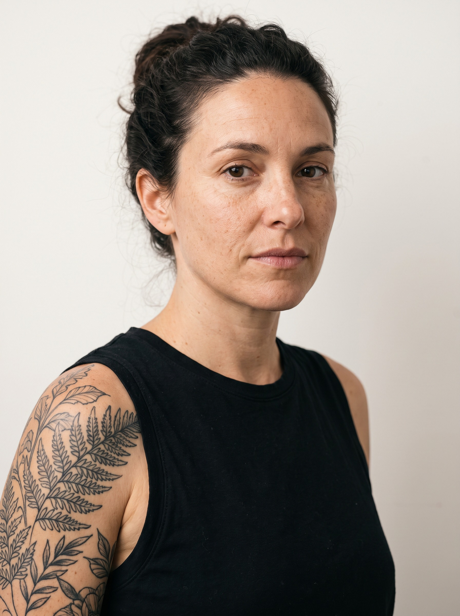 A woman with dark hair tied back, in a sleeveless black top against a pale studio wall, a large botanical line-work tattoo covering her left shoulder and upper arm