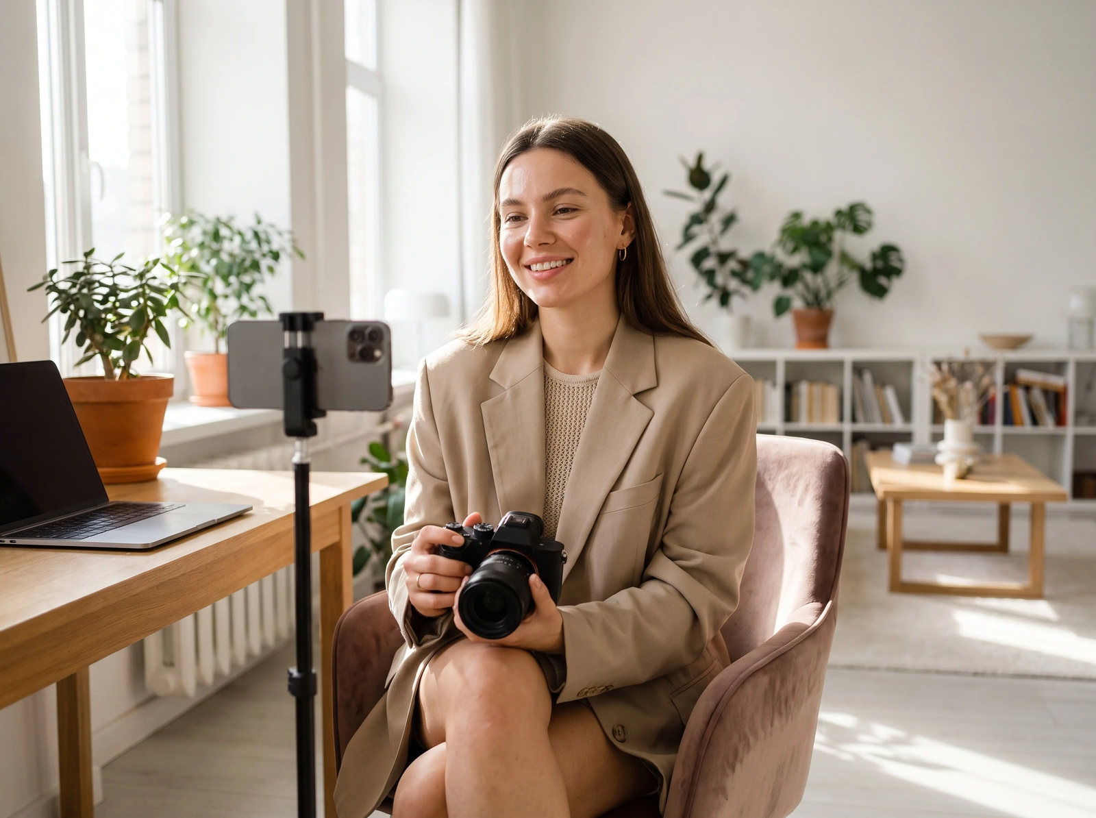 Illustration: a smiling woman in a beige blazer holding a camera in a bright apartment, a phone on a tripod in front of her and a laptop on the desk beside her