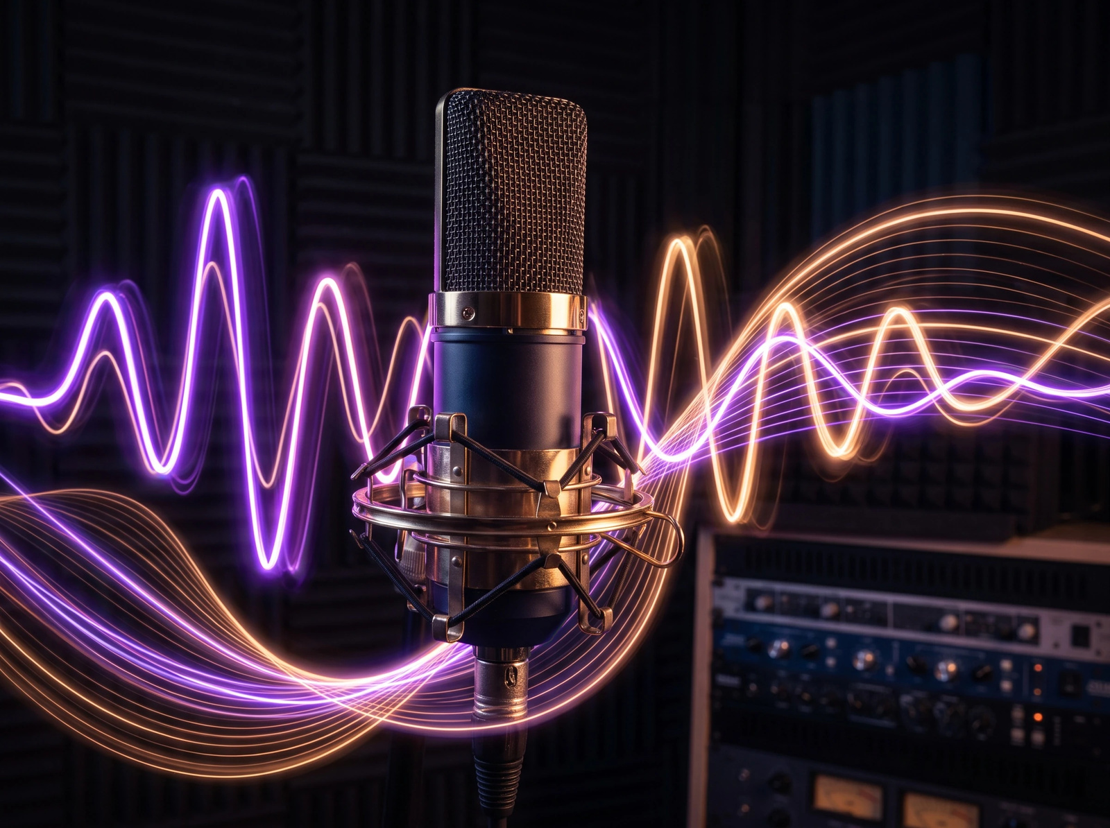 A large-diaphragm condenser microphone in a shock mount in front of acoustic foam, purple and amber waveform light trails sweeping past it and a rack of studio outboard gear behind