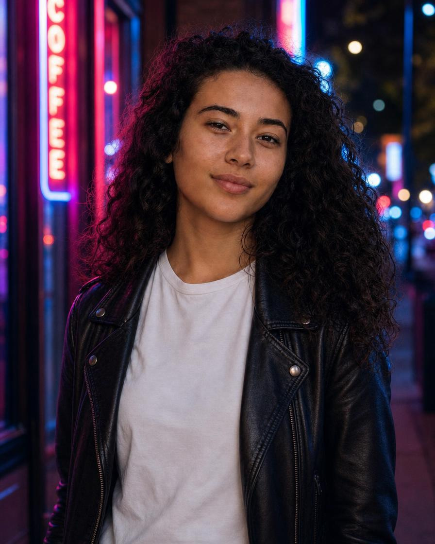Precise Edit's real output for: Change her denim jacket to a black leather jacket and make it night with neon shop lights, keep her face, hair and pose exactly the same.