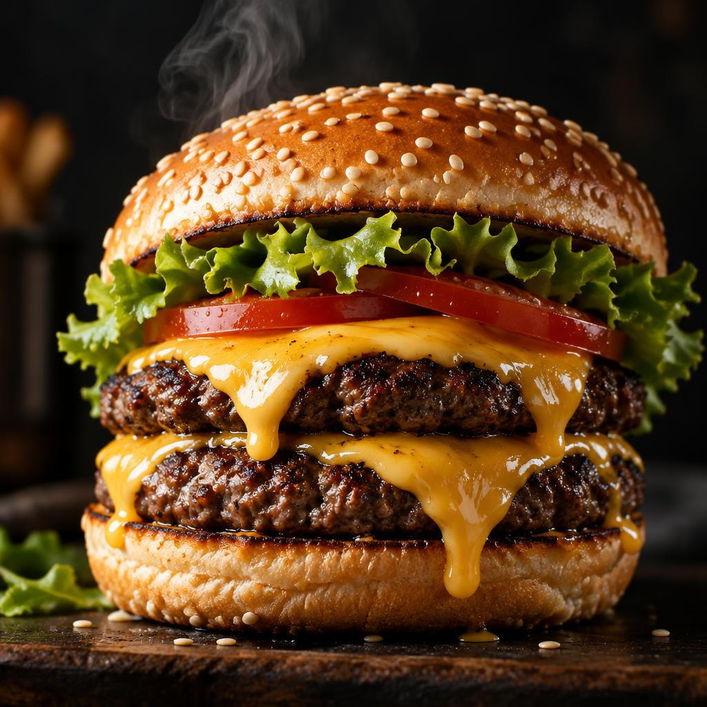 ChatGPT 2.5 Flare's real output for: Food ad: a stacked double cheeseburger with melting cheese dripping over the patty, toasted sesame bun, fresh lettuce and tomato, dark moody background, a wisp of steam, macro detail.