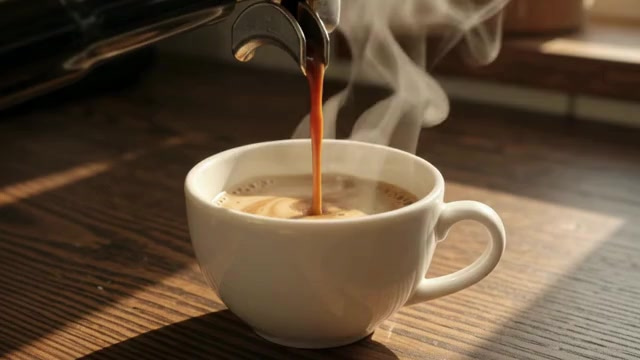 Gemini Omni Flash 1.1's real output for: Close-up of fresh coffee pouring into a white ceramic cup on a wooden counter, the crema swirling, steam rising in morning light, a slow push-in.