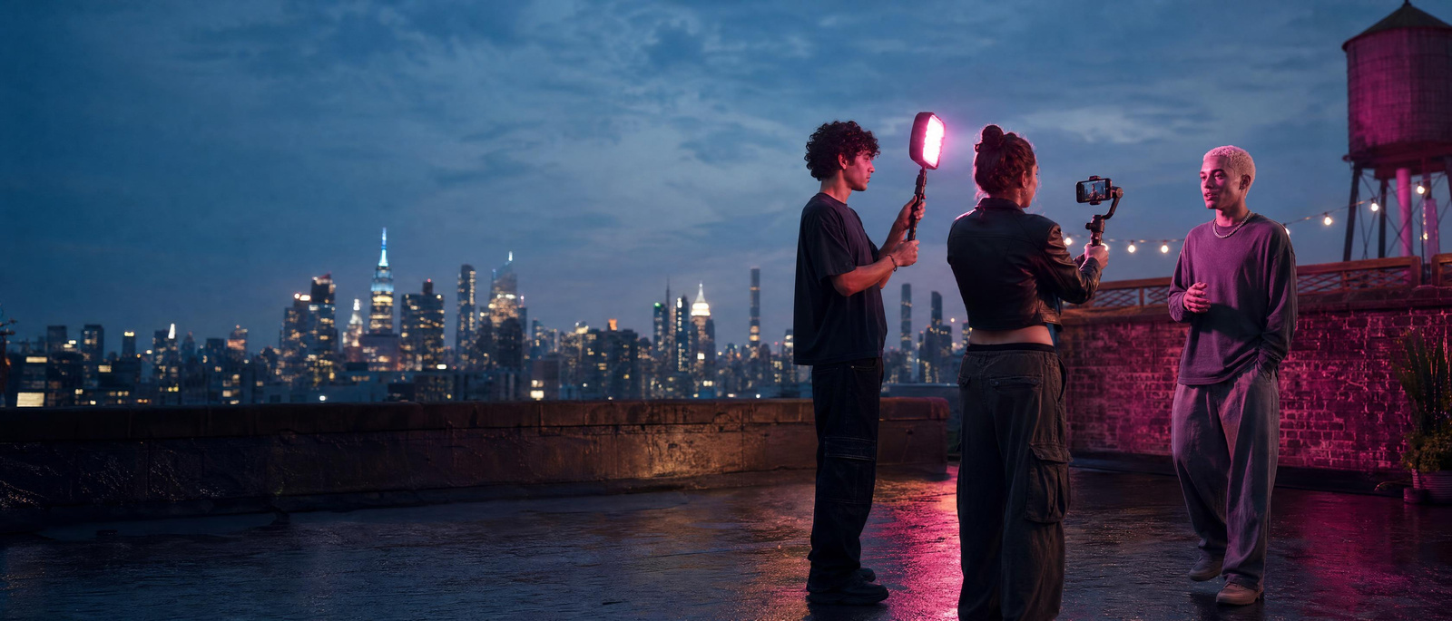 Illustration: a rooftop shoot at blue hour