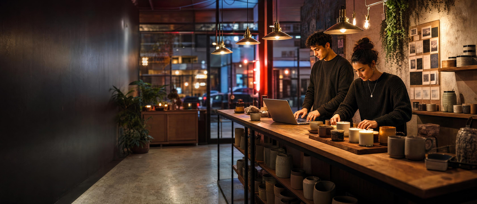 Two young founders planning ads in their studio shop