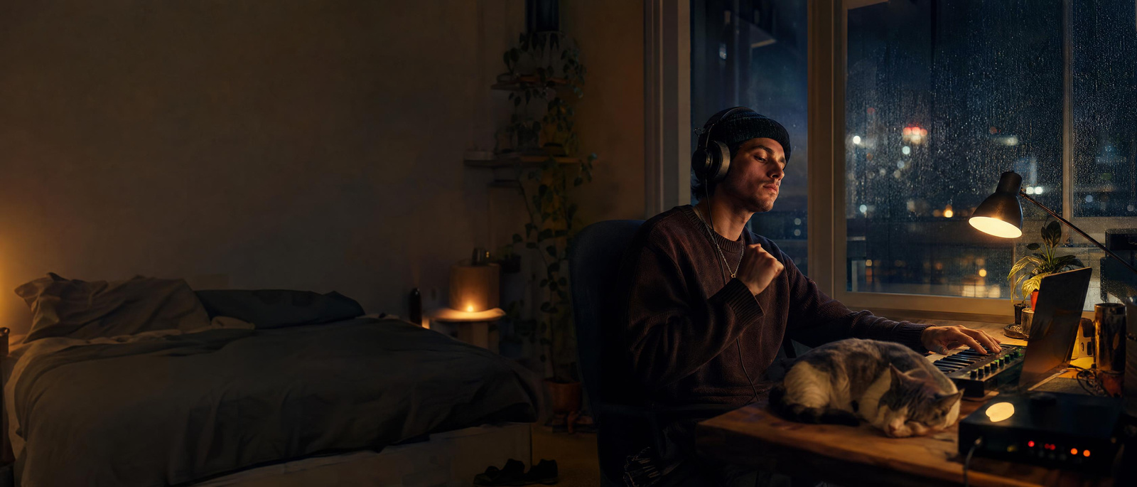 A young producer making music late at night