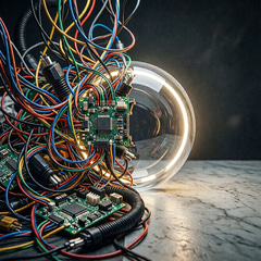 Illustration of tangled colored wires and green circuit boards spilling onto marble beside a glowing glass sphere