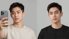 Young man taking a phone selfie in a beige T-shirt beside a studio headshot of him in a black T-shirt