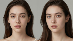 Two nearly identical close-up portraits of a young woman with long dark hair and light freckles on grey