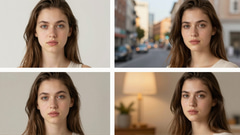 Grid of four portraits of the same young woman with long brown hair on studio, street and lamp-lit backdrops
