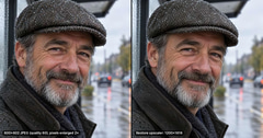 A 600-pixel JPEG portrait of an invented bearded man in a rain-beaded tweed cap, beside a restoration upscaler's 1200-pixel output with sharper herringbone weave, beard hairs and droplets