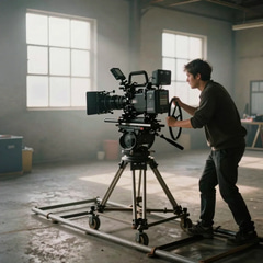 A film crew on a dolly track pushing a cinema camera through a fog-lit warehouse, rim light catching the rig and the operator's hands on the