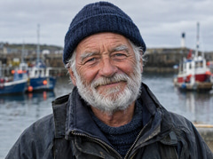 Weathered elderly fisherman with a knit cap and white beard