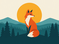 Flat vector-style illustration of a fox in front of a sunset and pine hills