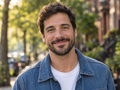 Friendly bearded man in a denim jacket smiling outdoors