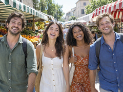 Four friends laughing together at an outdoor street market, faces towards the camera