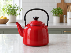 Glossy red enamel teapot on a kitchen counter