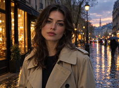 Woman in a trench coat on a rainy evening street