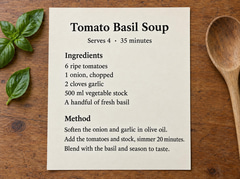 A printed recipe card on a kitchen table