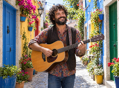 Street musician playing guitar in a colourful alley