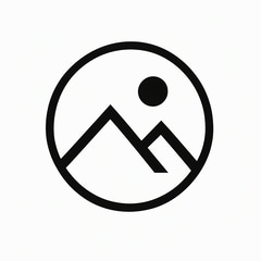 Minimal black mountain-and-sun emblem on a white background