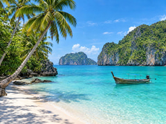Turquoise tropical cove with palm trees and a wooden boat