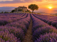 Rows of lavender leading to a stone farmhouse at sunset