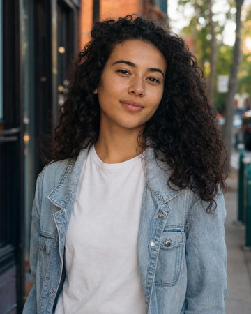 Input: A young woman with curly hair in a denim jacket on a city street