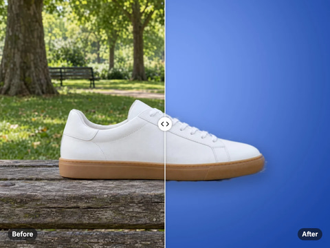 White sneaker on a park bench on the left, the same sneaker on a clean blue gradient background on the right