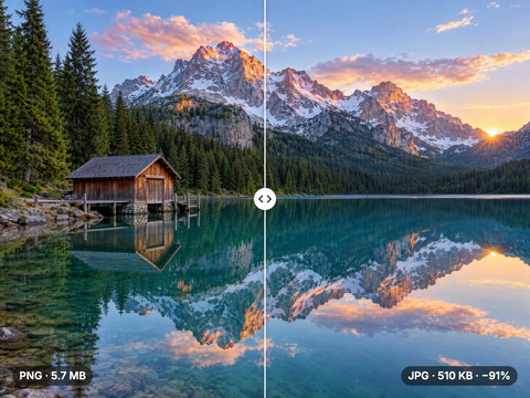 Alpine lake at sunrise shown as a 5.7 MB PNG and as the 510 KB compressed JPG, 91% smaller and visually identical