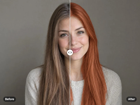 Woman with long light-brown hair on the left, the same hair recoloured copper-red on the right