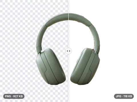 Sage headphones as a transparent PNG (927 KB) on a checkerboard and as a 116 KB JPG flattened onto white