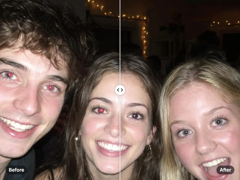 Flash party photo of three friends: glowing red pupils on the left, natural dark pupils after the fix on the right