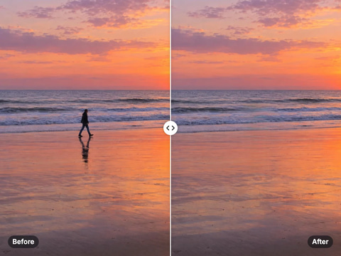 Sunset beach with a person walking across it, and the same beach with the person and their reflection erased