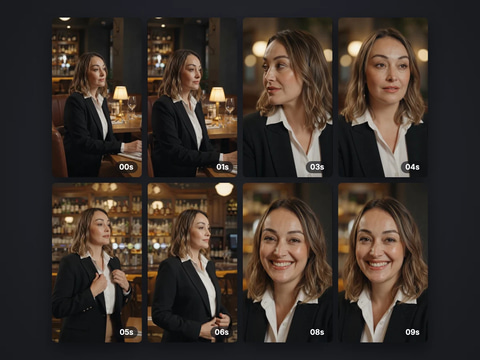 Eight still frames pulled evenly from a short portrait video, each labelled with its timestamp