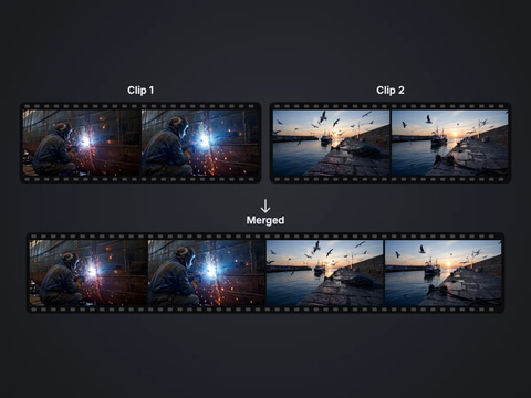 Illustration: a welding clip and a harbour clip shown as two film strips joined into one merged strip