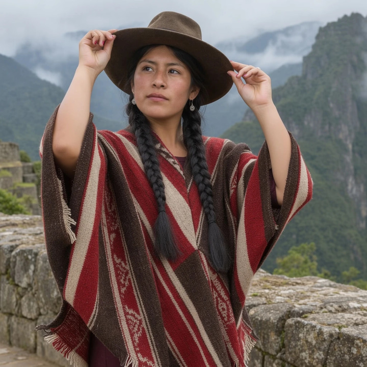 A crossed-arm terrace portrait becomes a poised hands-on-hat pose, with her face and poncho kept.