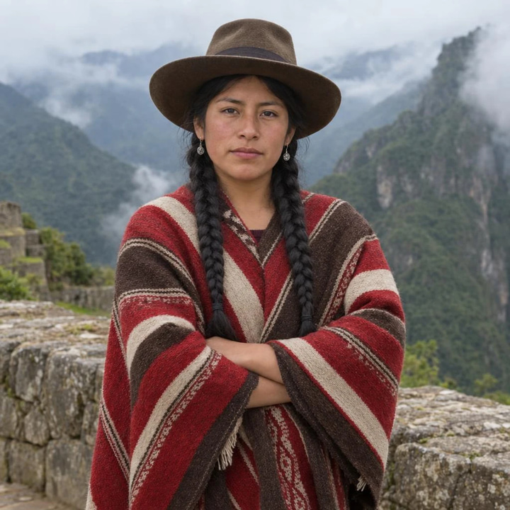 Before: the input for “A crossed-arm terrace portrait becomes a poised hands-on-hat pose, with her face and poncho kept.”