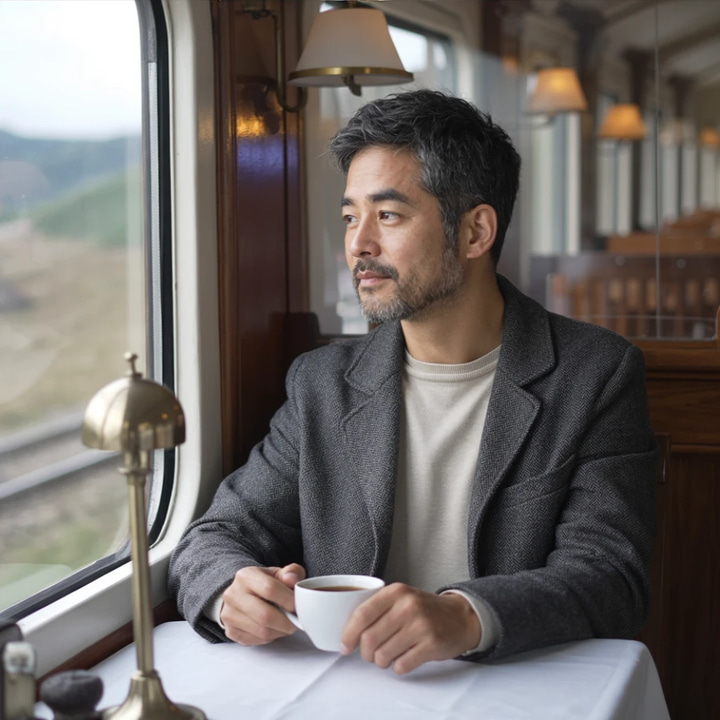 The same face kept: the bearded man now takes tea in a lamplit vintage train dining car.