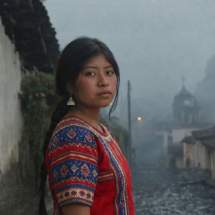 Outfit changed: she now wears a vivid embroidered huipil in the misty highland street.