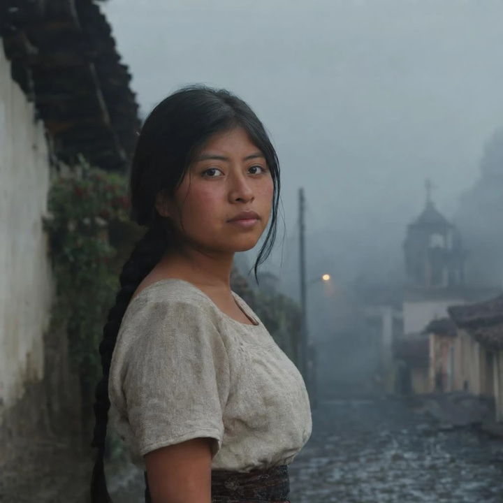 Before: the input for “Outfit changed: she now wears a vivid embroidered huipil in the misty highland street.”