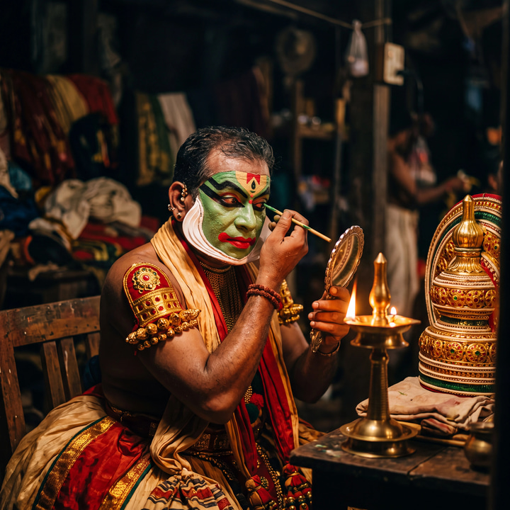 A Kathakali performer paints his green face by oil-lamp light backstage in Kerala.