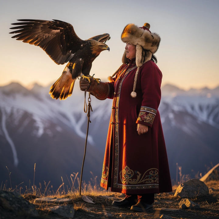 A Mongolian eagle huntress holds a golden eagle aloft on an Altai ridge at sunset.