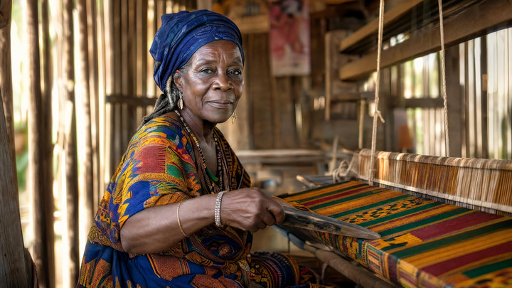 A Ghanaian weaver pauses at her loom, sunlight catching vivid kente threads.