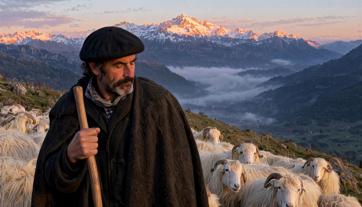 A Basque shepherd leads sheep down a sunlit Pyrenean ridge at dawn.