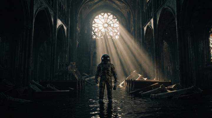 Nano Banana 2 Lite: Film still: a lone astronaut standing knee-deep in a flooded gothic cathedral, shafts of light through broken stained glass, dust in the air, anamorphic lens, 35mm film grain.