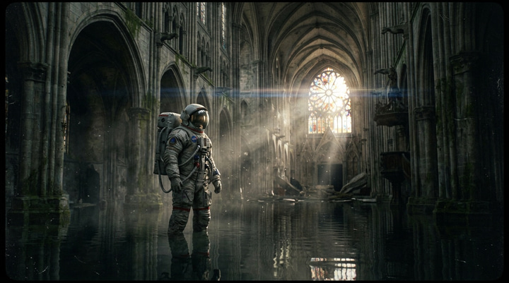 Nano Banana 2: Film still: a lone astronaut standing knee-deep in a flooded gothic cathedral, shafts of light through broken stained glass, dust in the air, anamorphic lens, 35mm film grain.